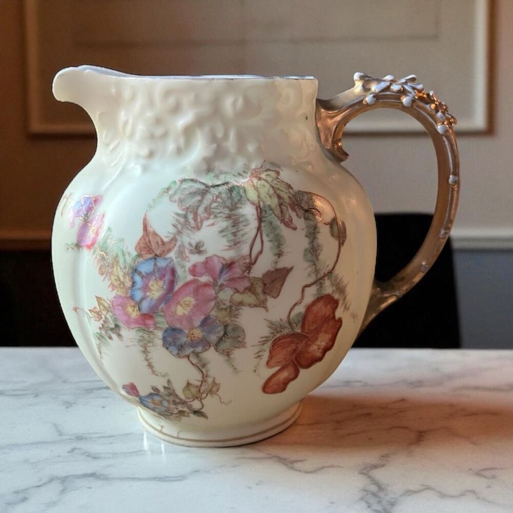 Antique RW Rudolstadt GERMANY Porcelain Creamer Pitcher Seashell & Florals - WOW
